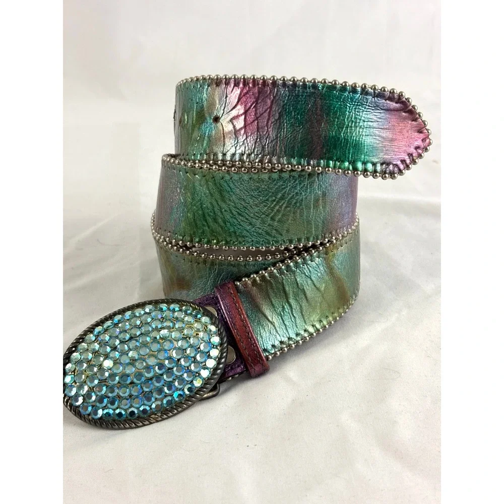Vintage Rhinestone Belt Made in Spain Wide Leather Aurora Borealis Buckle Y2K